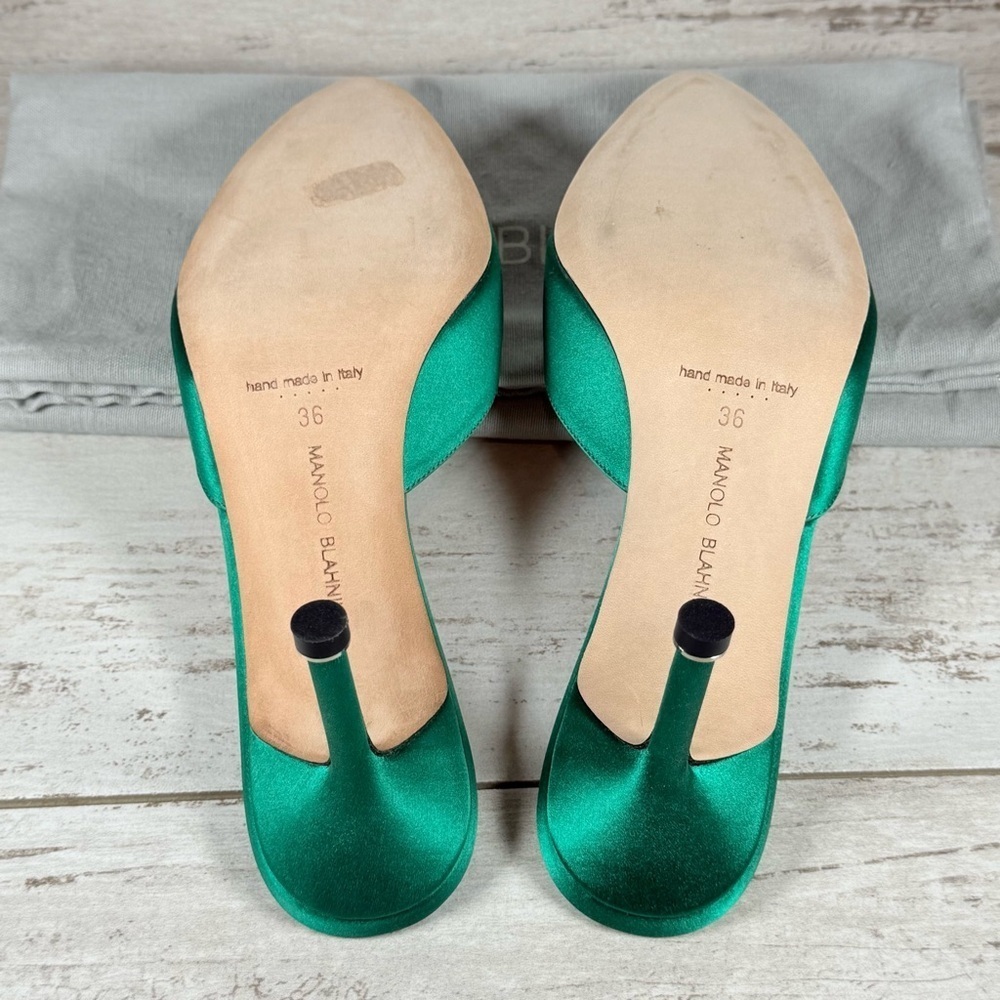 Manolo Blahnik Size 36 Green Hangisi Hangisimu Heeled Mules Satin 70MM NEW - Picture 13 of 16